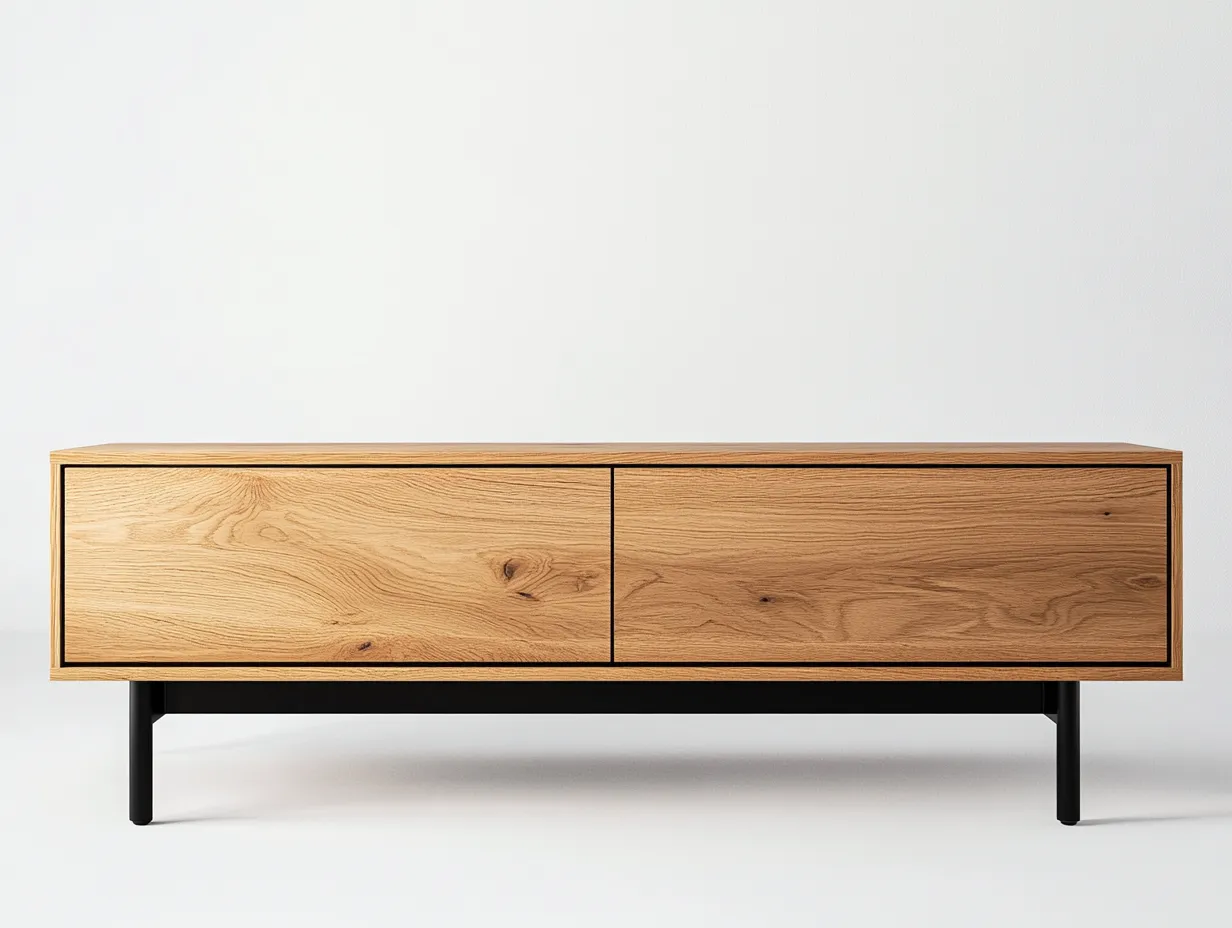 Meuble TV bois chêne 160×40×55 cm – pieds métalliques noirs – design moderne avec espace de rangement-Habitatoliq