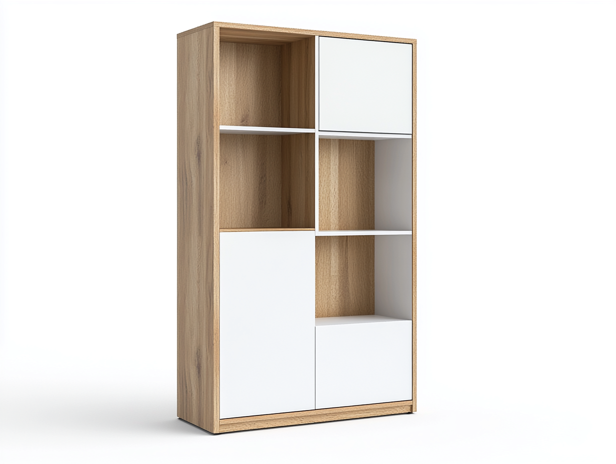 Bibliothèque 90×35×180 cm – chêne clair et blanc – avec espace de rangement ouvert et fermé-Habitatoliq