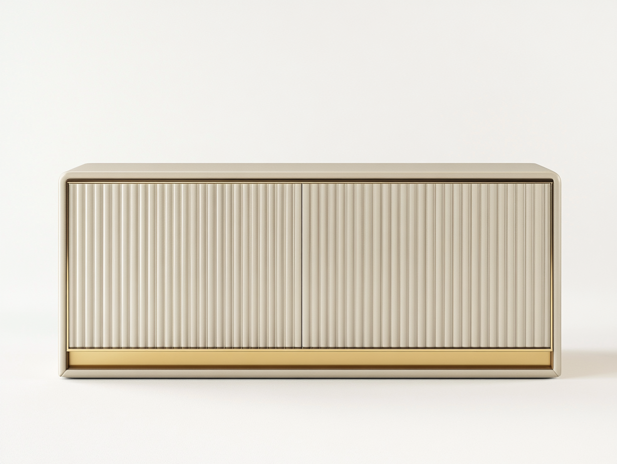 Meuble TV beige et doré 160×40×65 cm – façade rainurée – design moderne avec espace de rangement-Habitatoliq