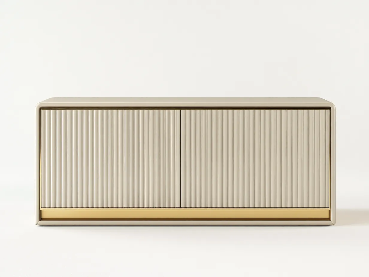 Meuble TV beige et doré 160×40×65 cm – façade rainurée – design moderne avec espace de rangement-Habitatoliq