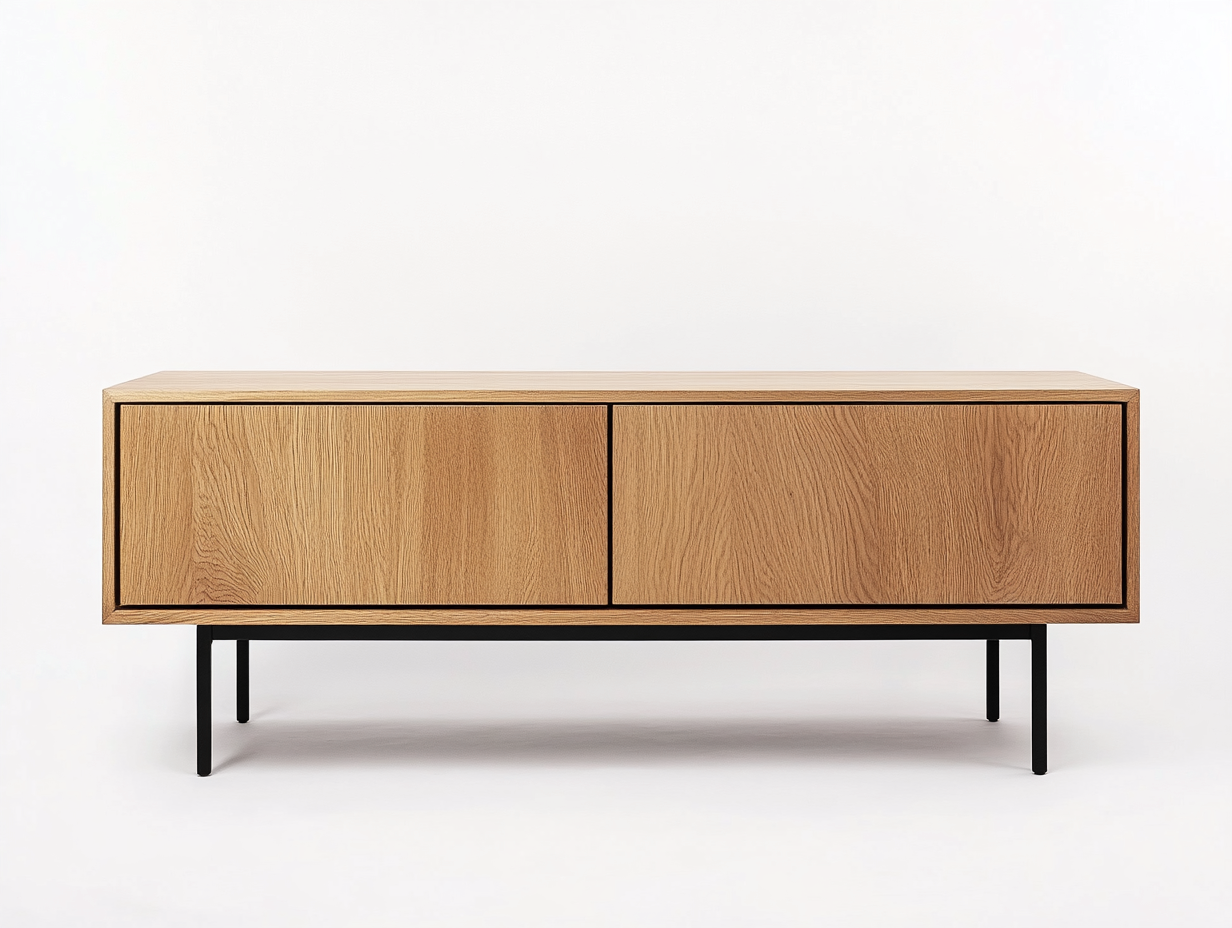 Meuble TV bois chêne 160×40×60 cm – pieds métalliques noirs – design moderne avec espace de rangement-Habitatoliq