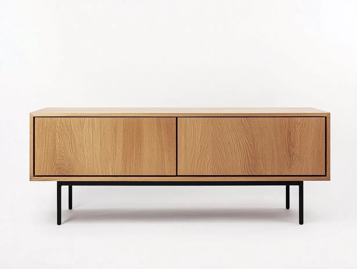 Meuble TV bois chêne 160×40×60 cm – pieds métalliques noirs – design moderne avec espace de rangement-Habitatoliq