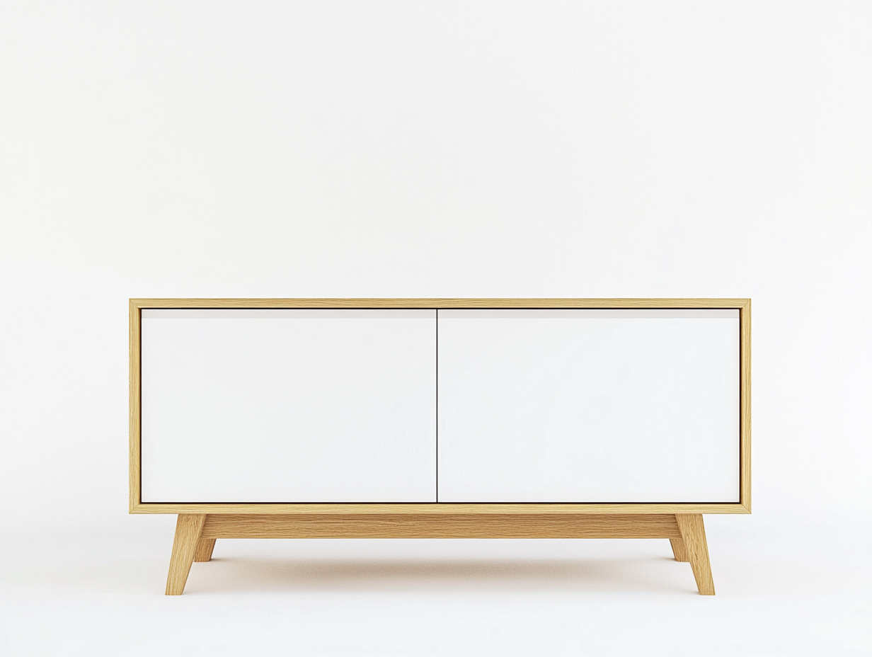 Meuble TV bois chêne clair et blanc 160×40×65 cm – pieds inclinés – design scandinave avec espace de rangement-Habitatoliq