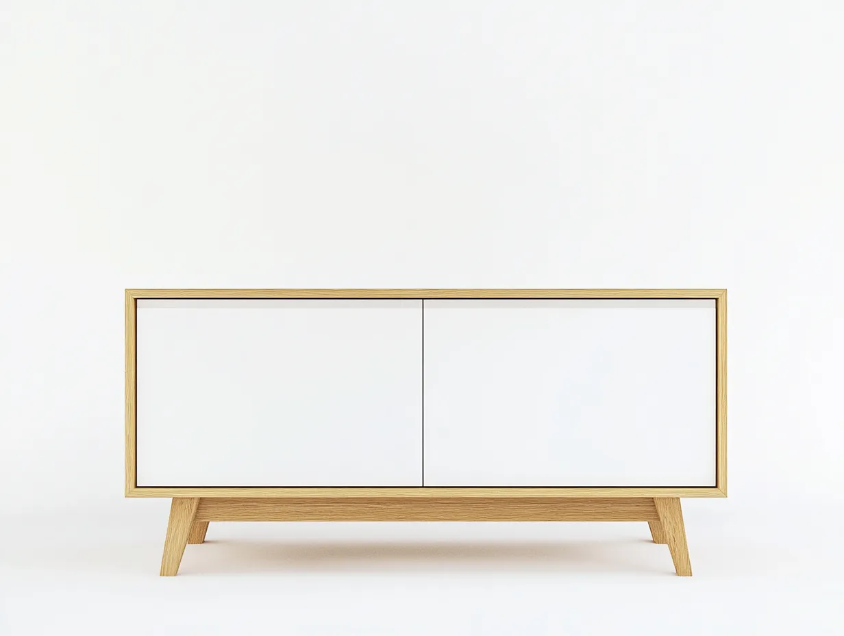Meuble TV bois chêne clair et blanc 160×40×65 cm – pieds inclinés – design scandinave avec espace de rangement-Habitatoliq