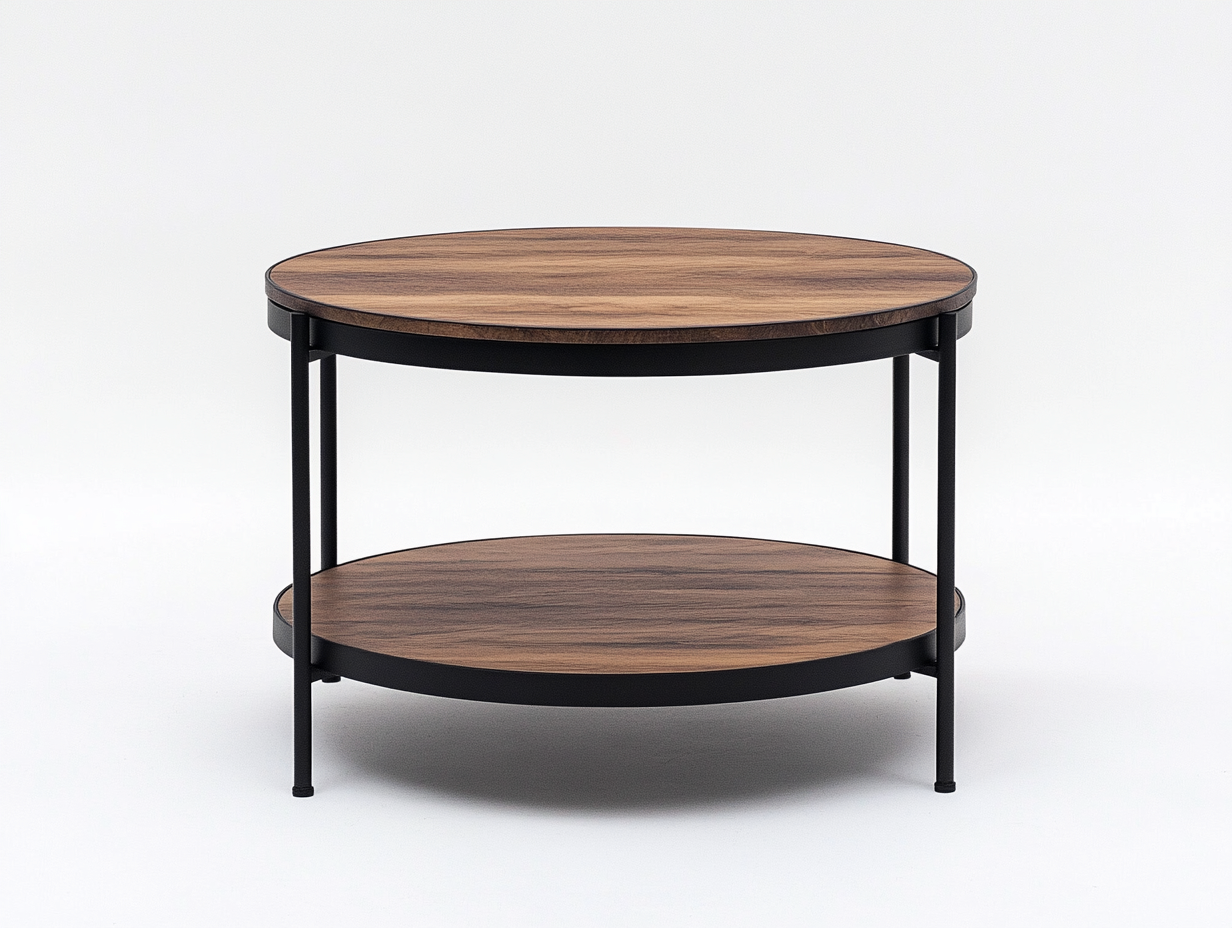 Table basse ronde bois et métal 90x90x45 cm – bois naturel et noir – avec étagère inférieure-Habitatoliq