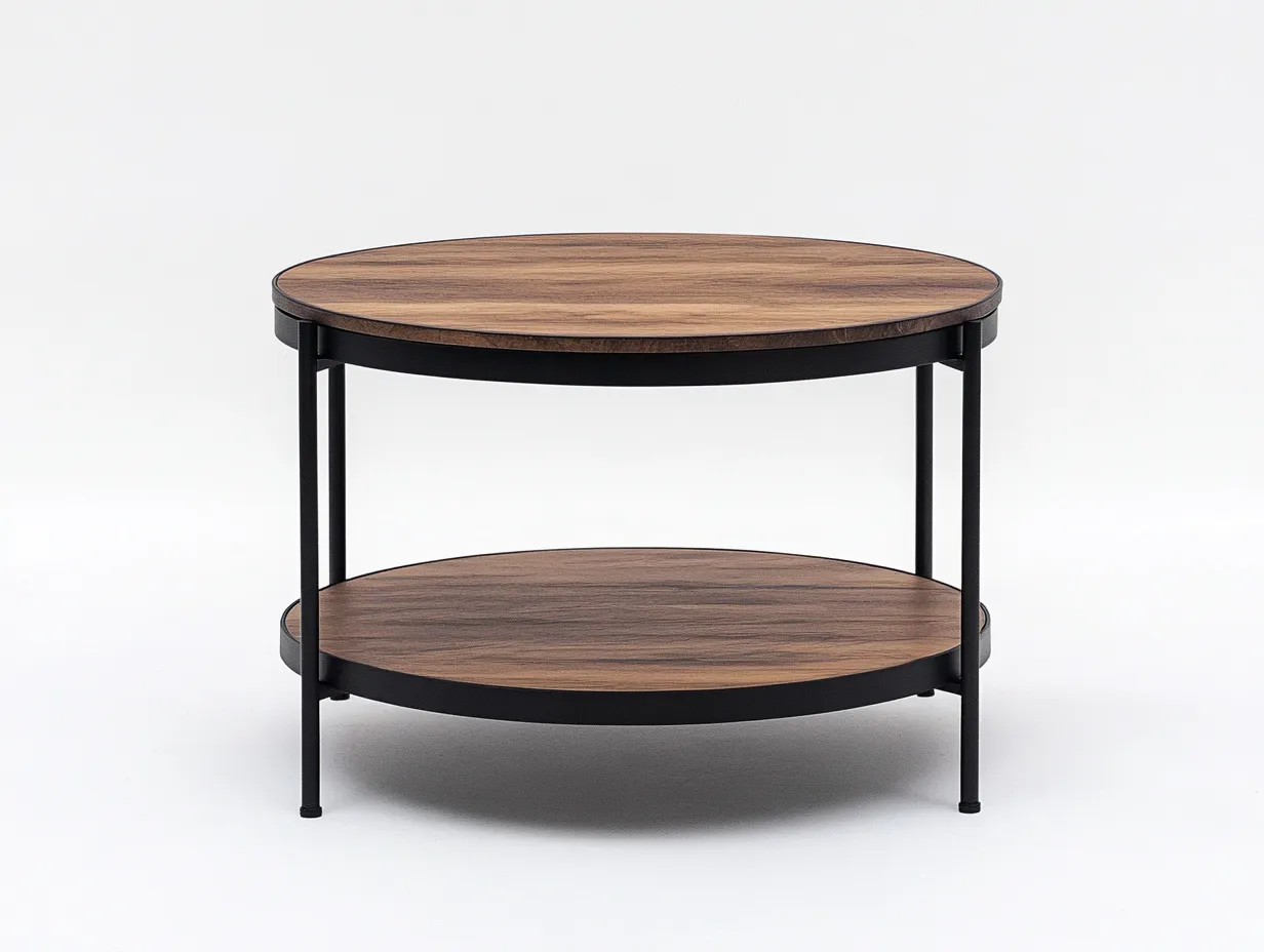 Table basse ronde bois et métal 90x90x45 cm – bois naturel et noir – avec étagère inférieure-Habitatoliq