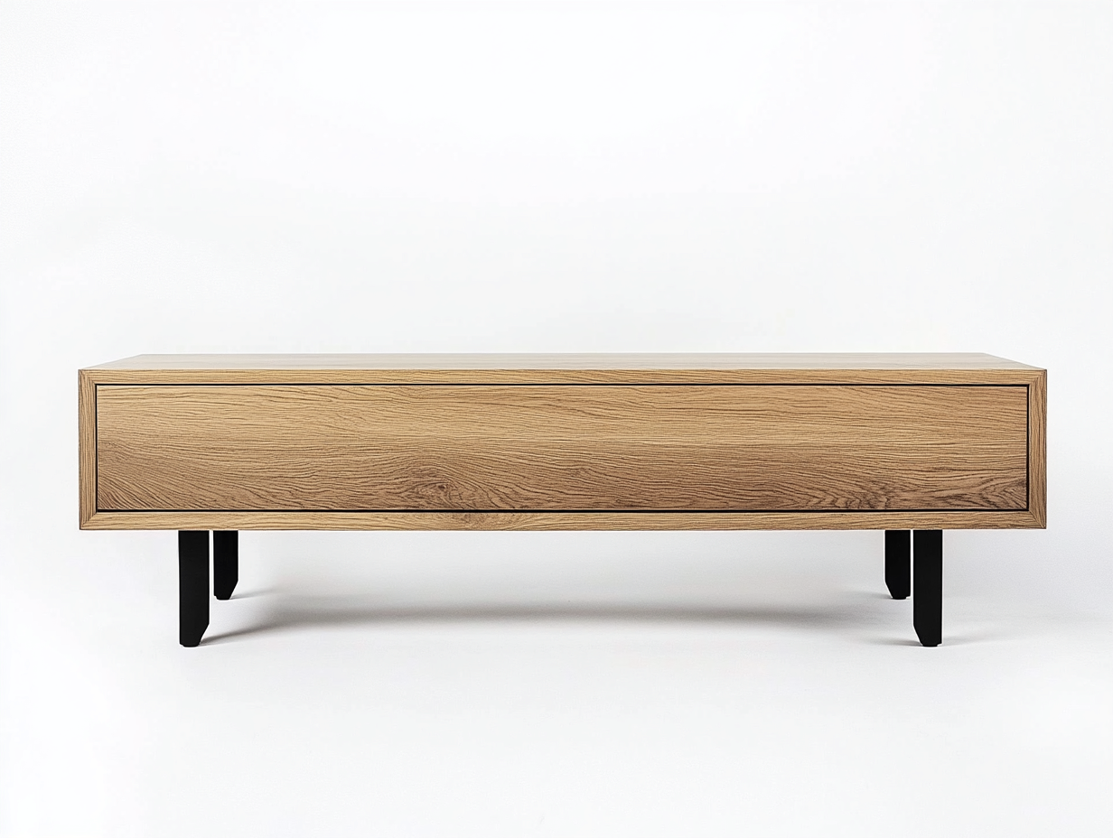 Meuble TV en bois chêne 180×40×45 cm – finition naturelle – pieds métalliques noirs – avec espace de rangement-Habitatoliq