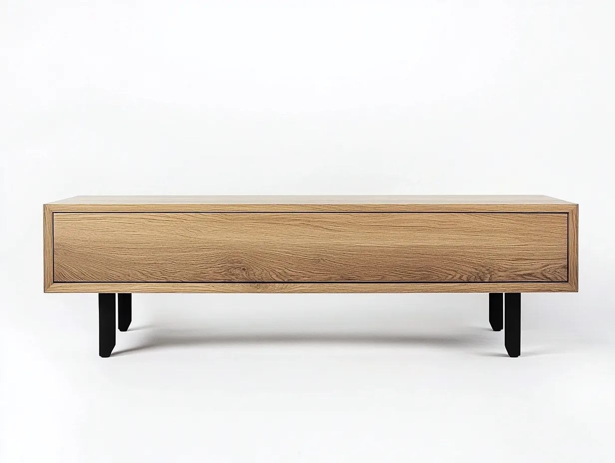 Meuble TV en bois chêne 180×40×45 cm – finition naturelle – pieds métalliques noirs – avec espace de rangement-Habitatoliq