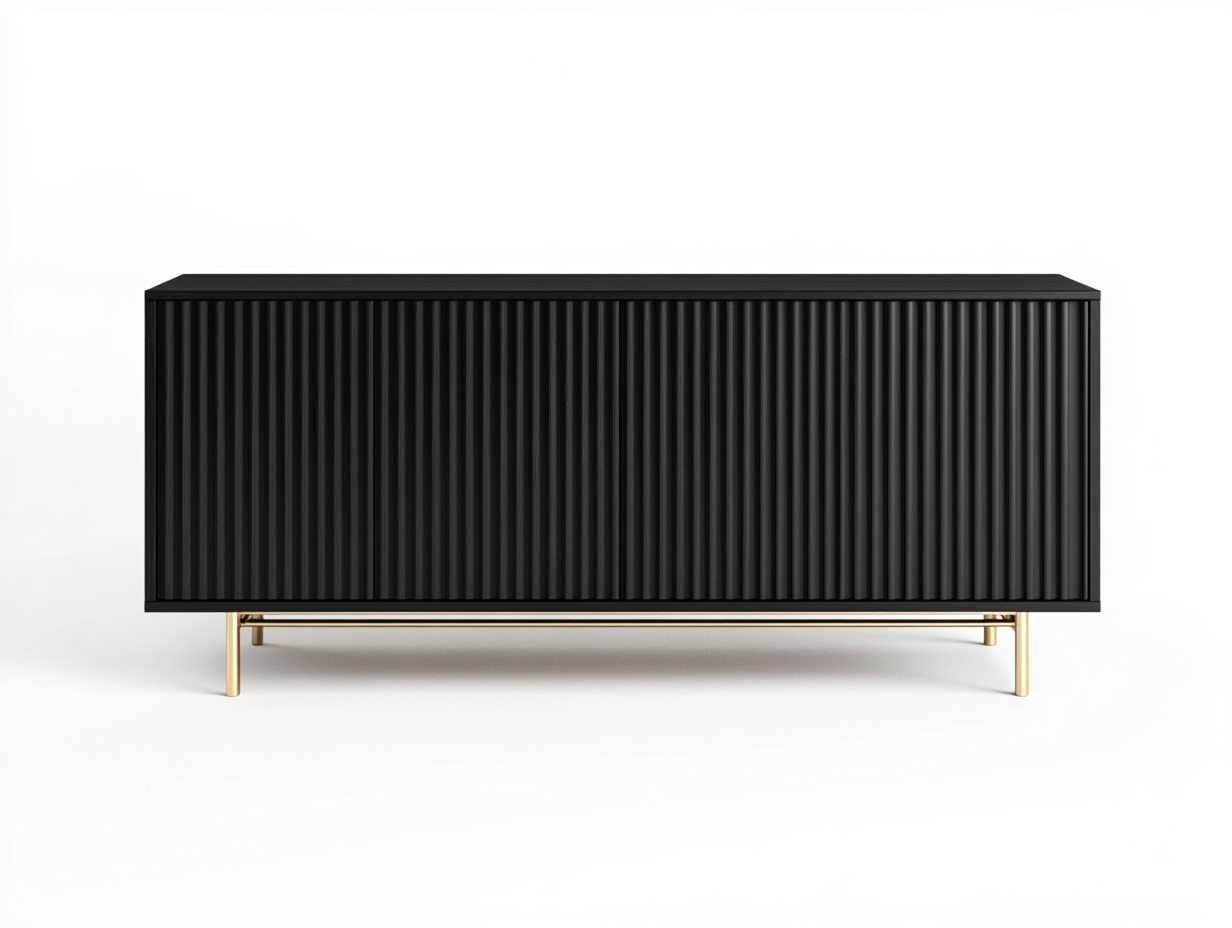 Meuble TV bois noir 160×40×70 cm – pieds dorés – design contemporain avec espace de rangement-Habitatoliq