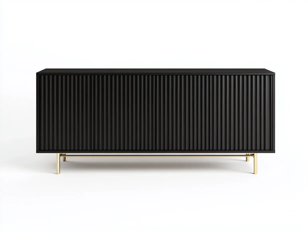 Meuble TV bois noir 160×40×70 cm – pieds dorés – design contemporain avec espace de rangement-Habitatoliq