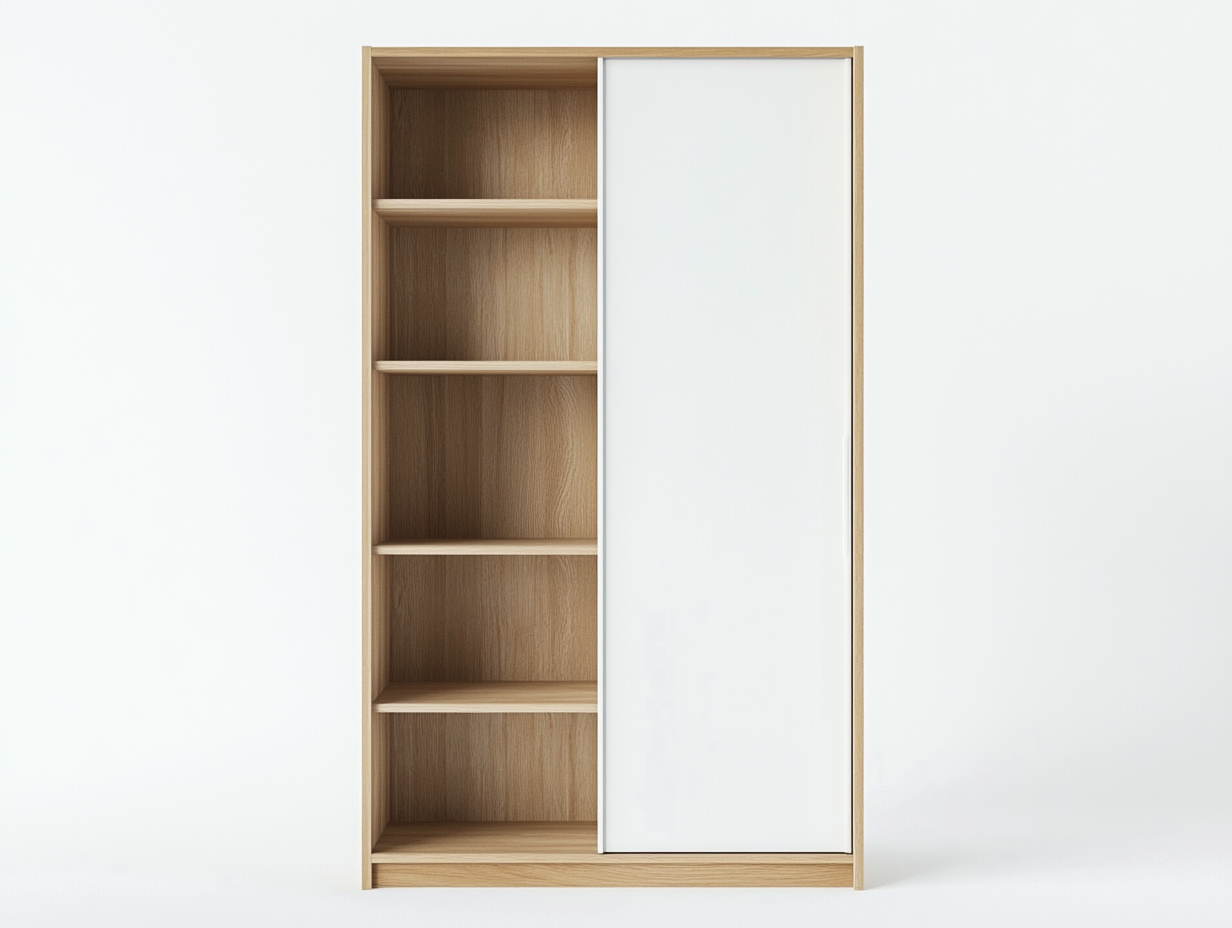 Bibliothèque en bois 110x40x180 cm - blanc et chêne clair - avec porte coulissante et espace de rangement-Habitatoliq