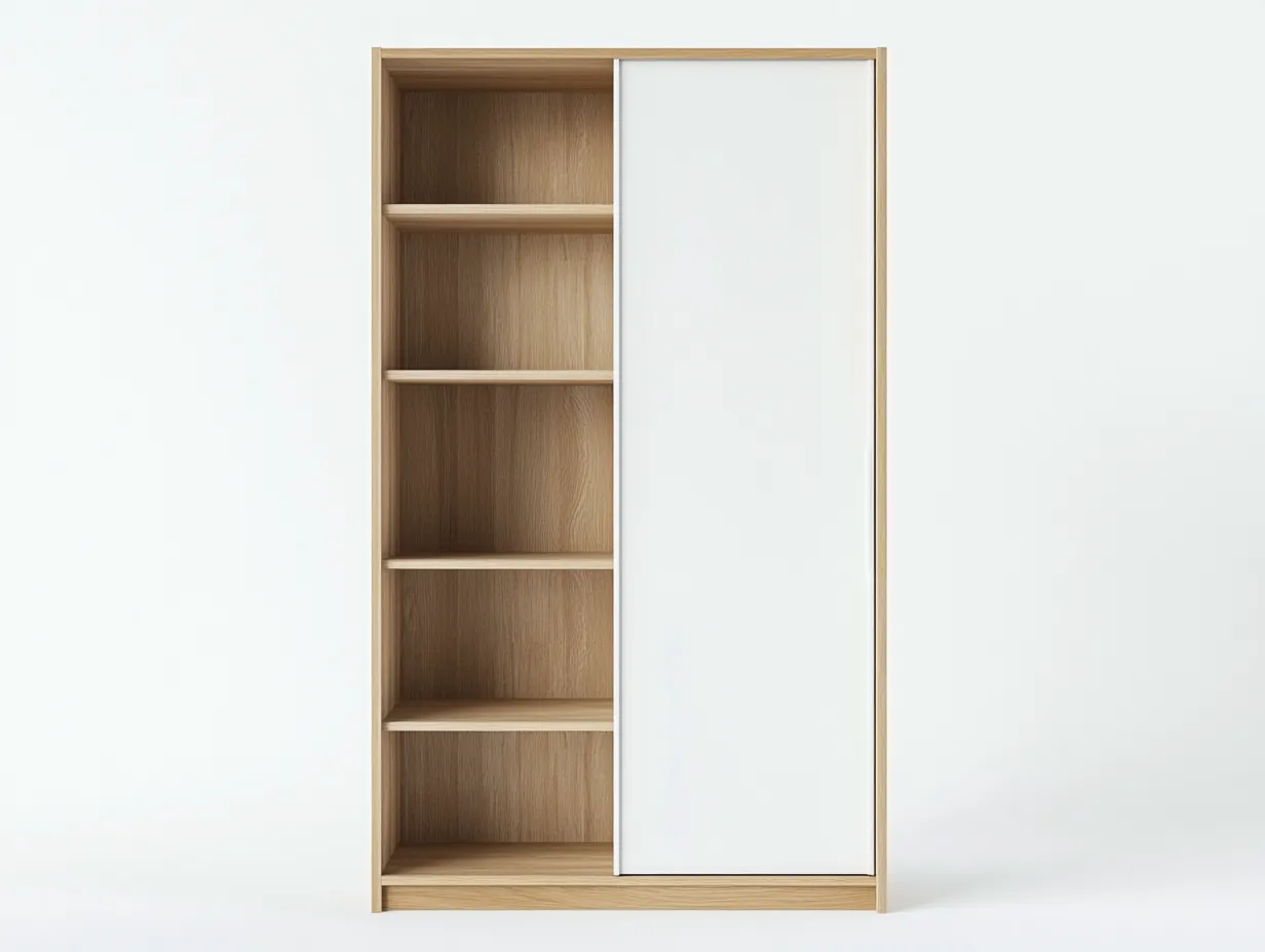 Bibliothèque en bois 110x40x180 cm - blanc et chêne clair - avec porte coulissante et espace de rangement-Habitatoliq