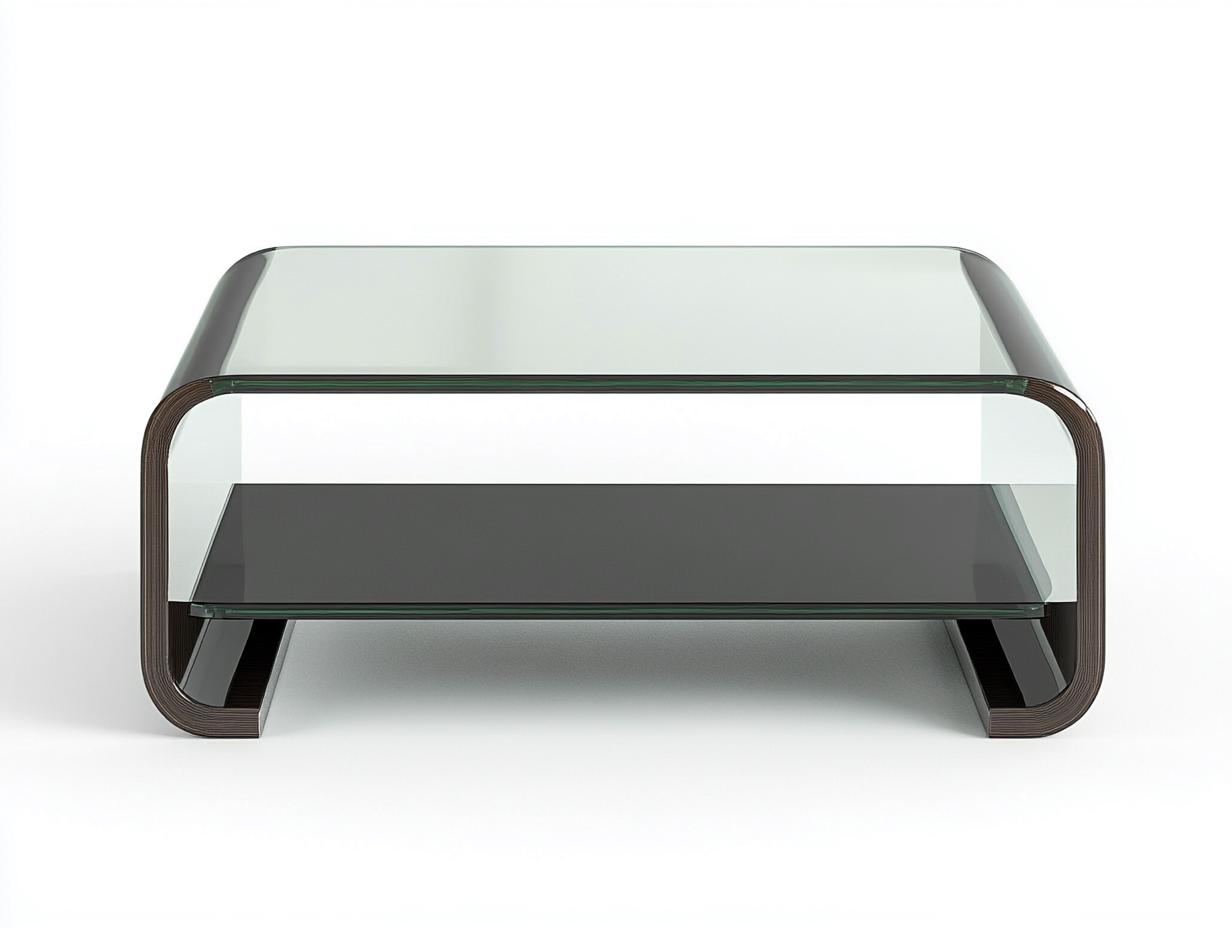 Table basse rectangulaire 115×60×42 cm – verre transparent et bois foncé avec tablette inférieure noire – structure courbée design contemporain-Habitatoliq
