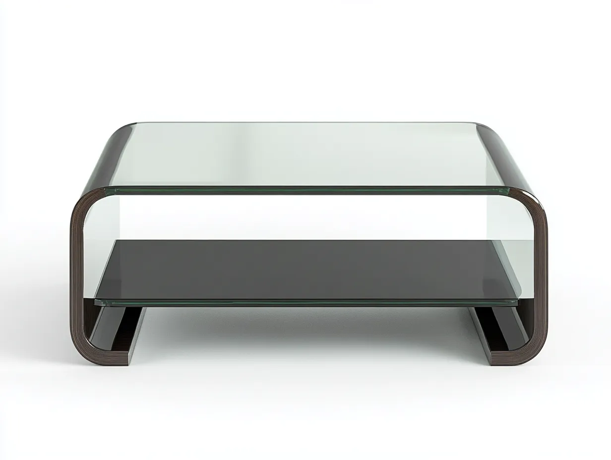 Table basse rectangulaire 115×60×42 cm – verre transparent et bois foncé avec tablette inférieure noire – structure courbée design contemporain-Habitatoliq