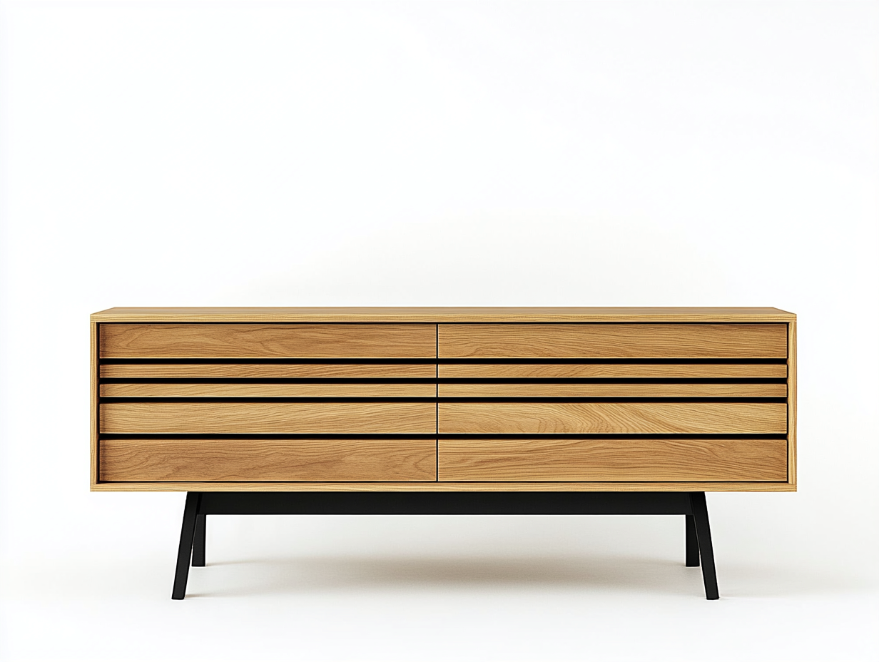 Meuble TV en bois chêne 150×40×70 cm – finition naturelle – piètement métallique noir – avec espace de rangement-Habitatoliq