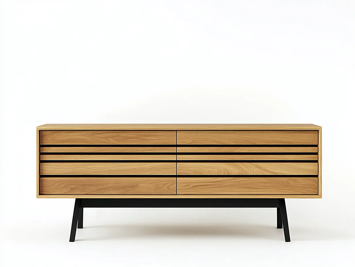 Meuble TV en bois chêne 150×40×70 cm – finition naturelle – piètement métallique noir – avec espace de rangement-Habitatoliq