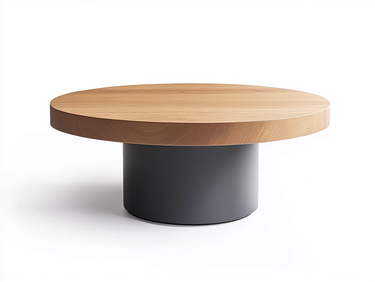 Table basse ronde bois chêne et gris foncé 90×90×38 cm – design contemporain – base cylindrique stable-Habitatoliq