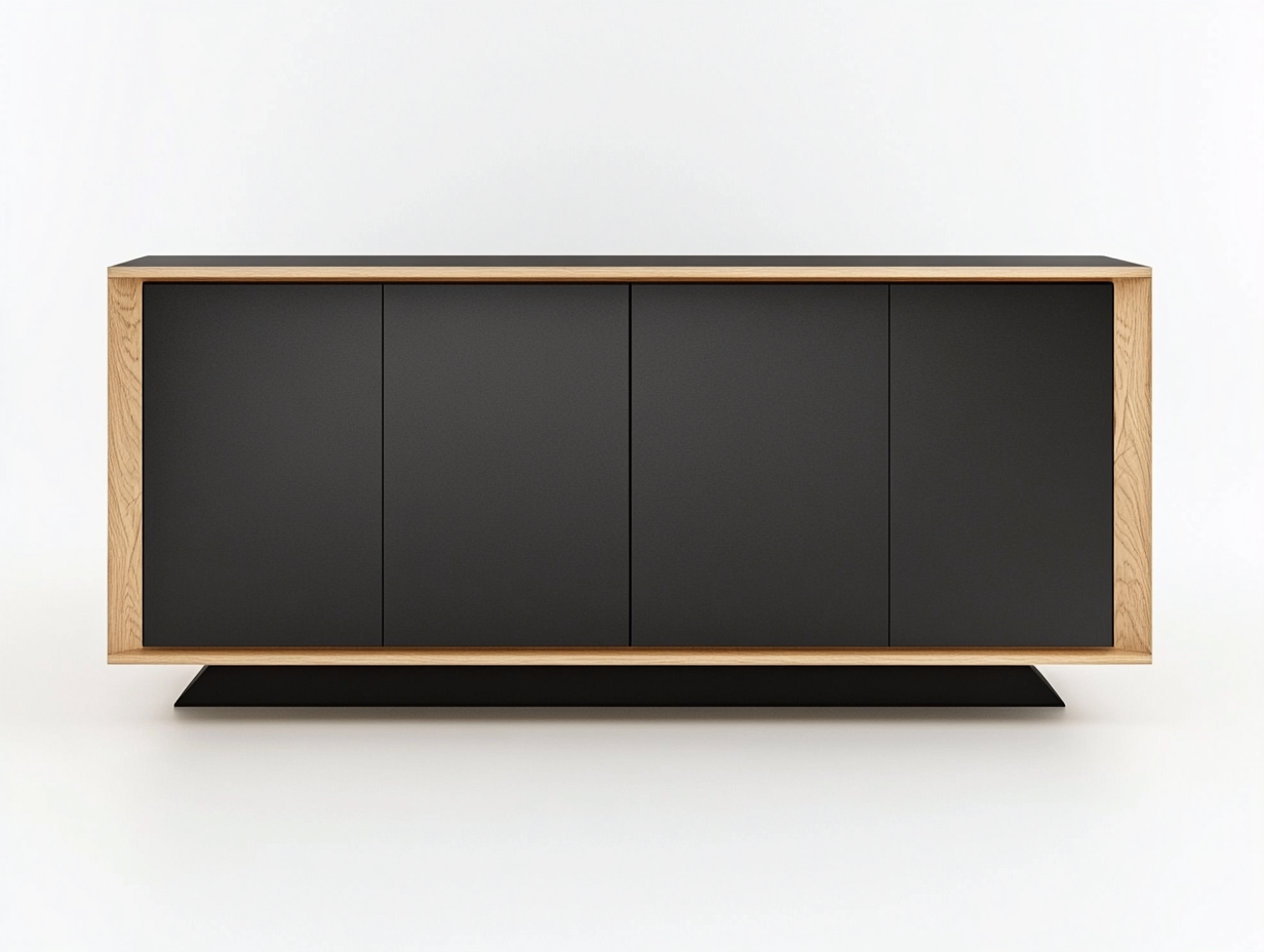 Meuble TV bois noir mat et chêne clair 160×40×70 cm – base noire – design contemporain avec espace de rangement-Habitatoliq