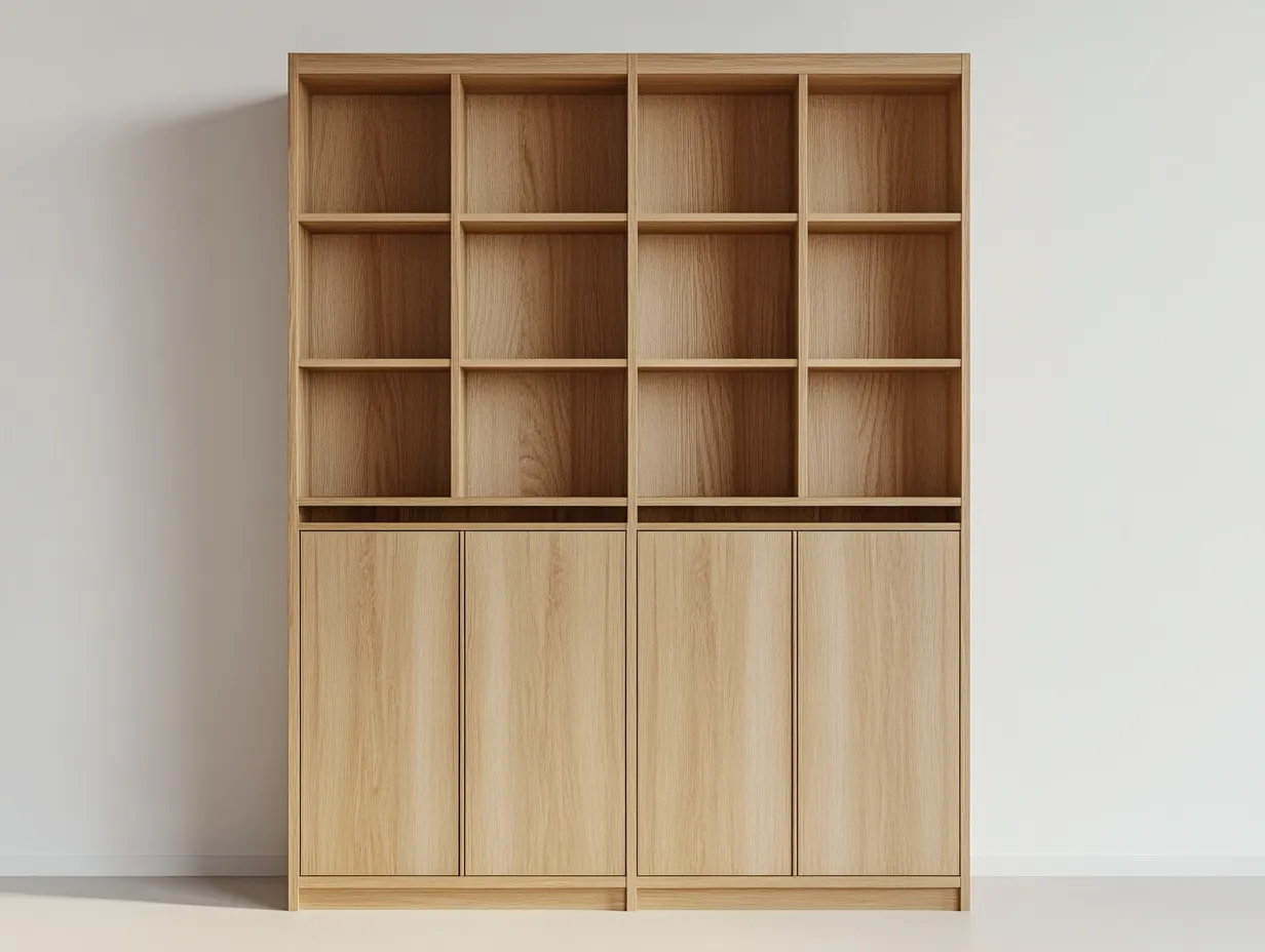 Bibliothèque 160×35×200 cm – chêne clair – avec espace de rangement ouvert et fermé-Habitatoliq