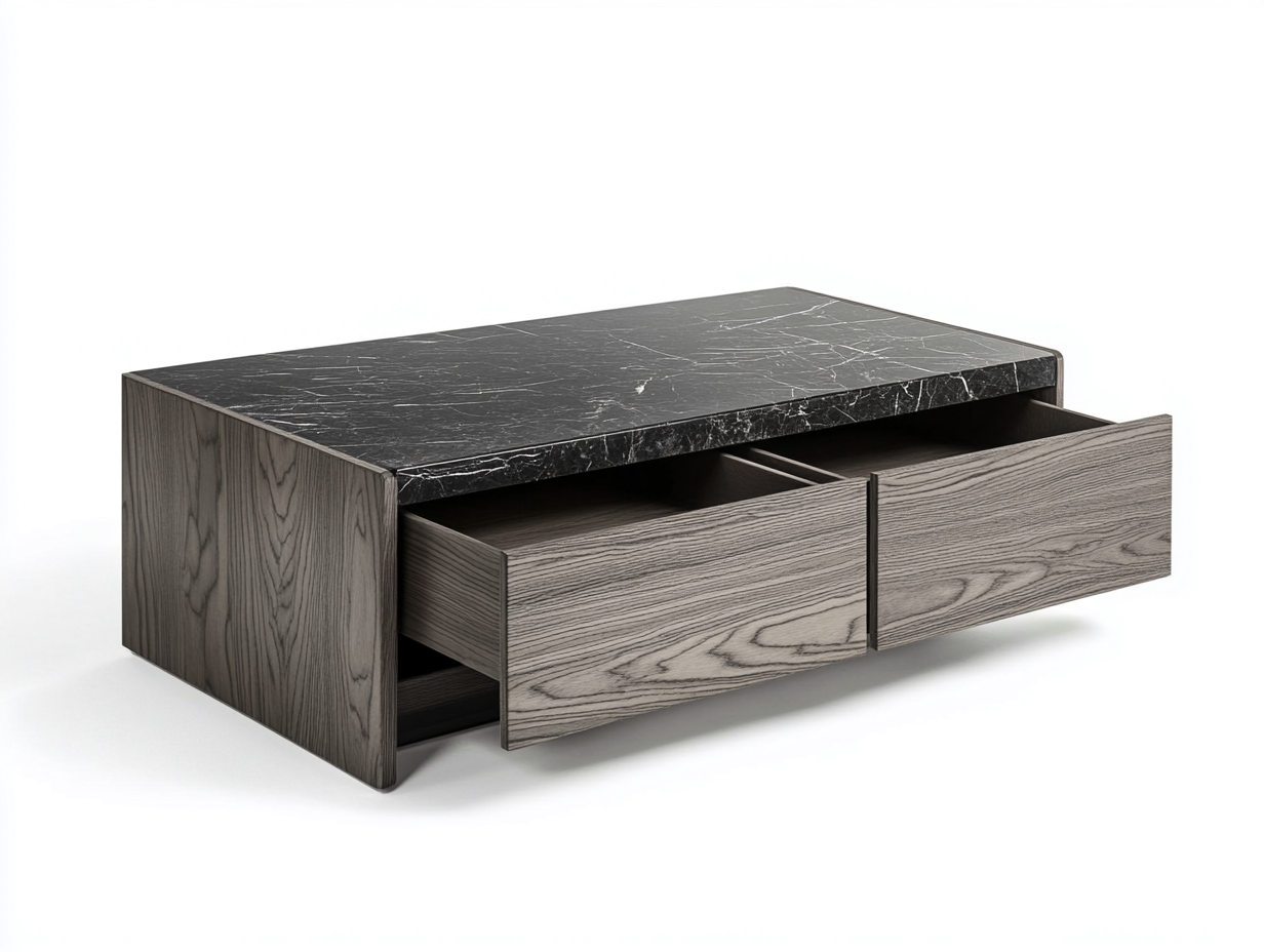 Table basse effet marbre 110x55x42 cm – noir et bois gris – avec tiroirs de rangement-Habitatoliq