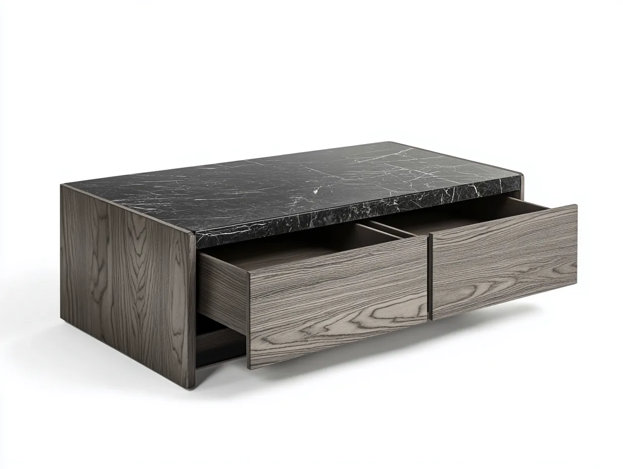 Table basse effet marbre 110x55x42 cm – noir et bois gris – avec tiroirs de rangement-Habitatoliq