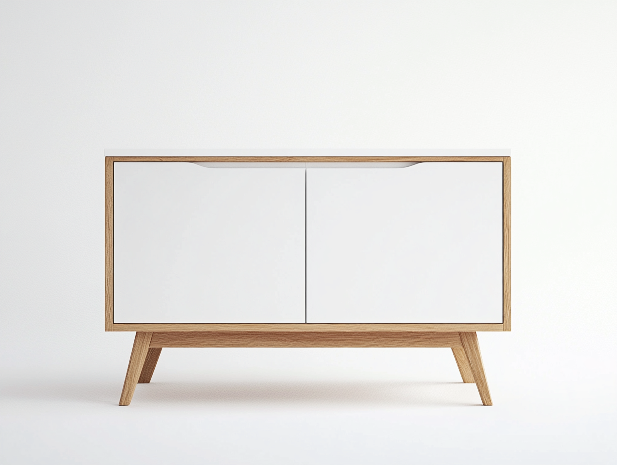 Meuble TV en bois 140×40×60 cm – blanc et couleur chêne clair – avec espace de rangement-Habitatoliq