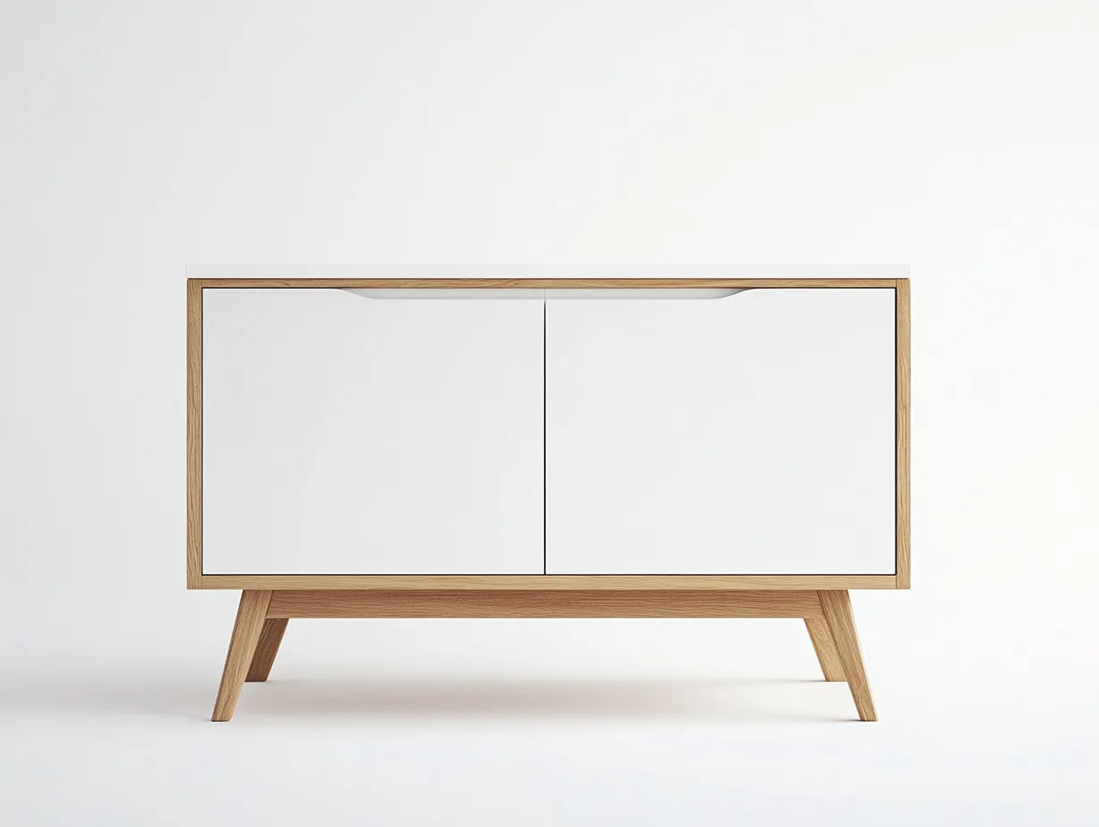 Meuble TV en bois 140×40×60 cm – blanc et couleur chêne clair – avec espace de rangement-Habitatoliq