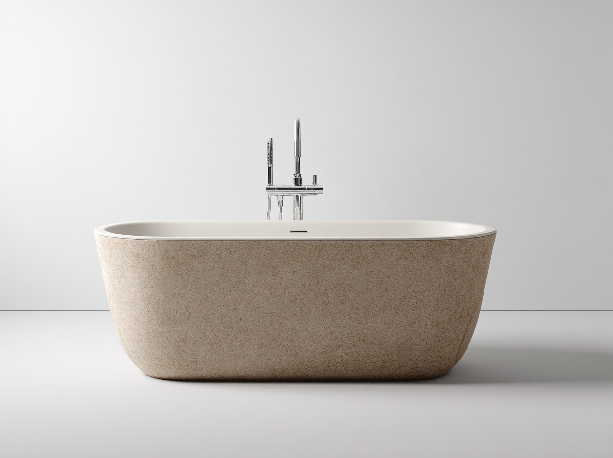 Baignoire autoportante composite minéral 170×80×60 cm – effet pierre beige – style naturel contemporain-Habitatoliq