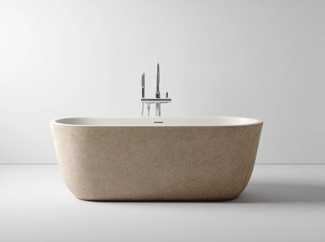 Baignoire autoportante composite minéral 170×80×60 cm – effet pierre beige – style naturel contemporain-Habitatoliq