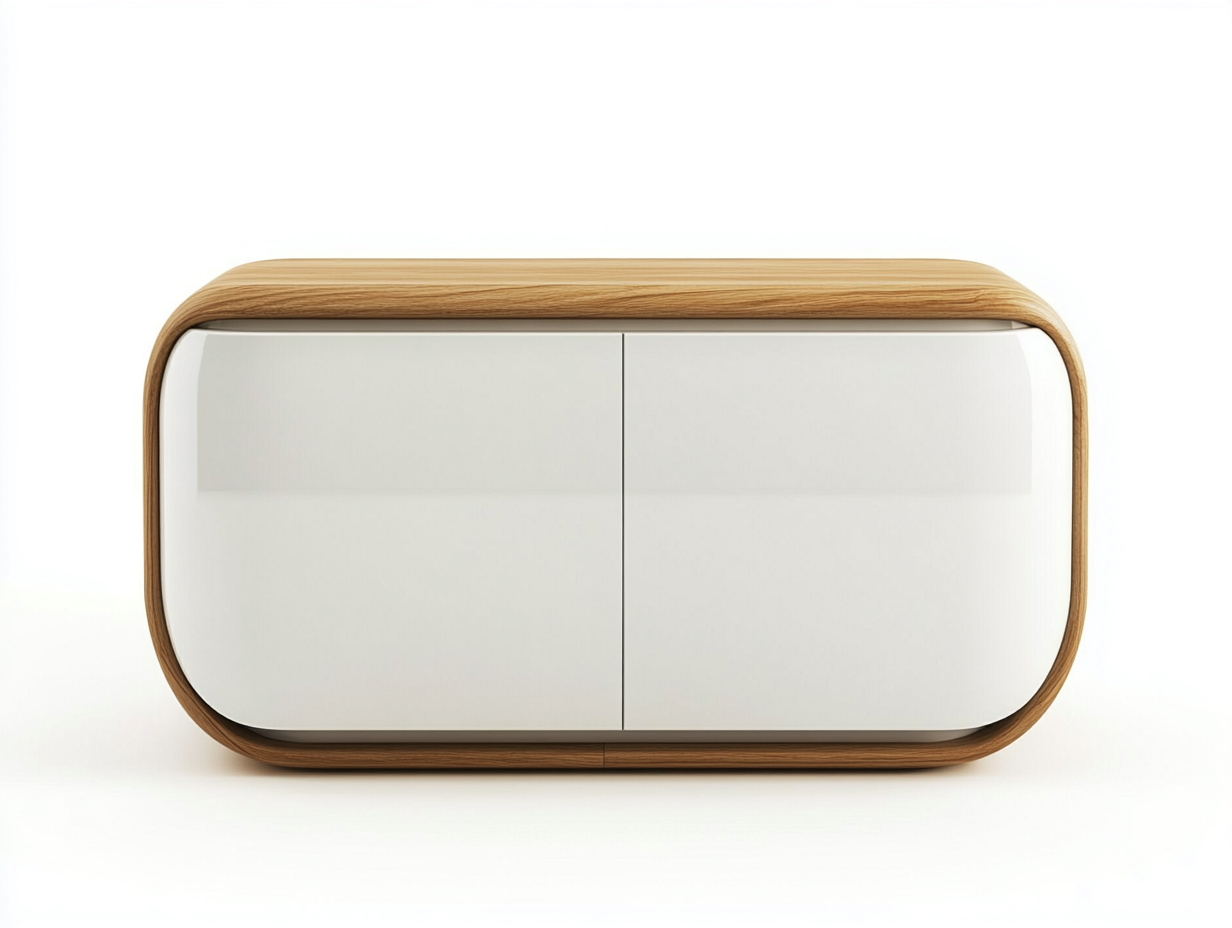 Meuble TV en bois clair et blanc 150×40×65 cm – coins arrondis – style contemporain – avec espace de rangement-Habitatoliq