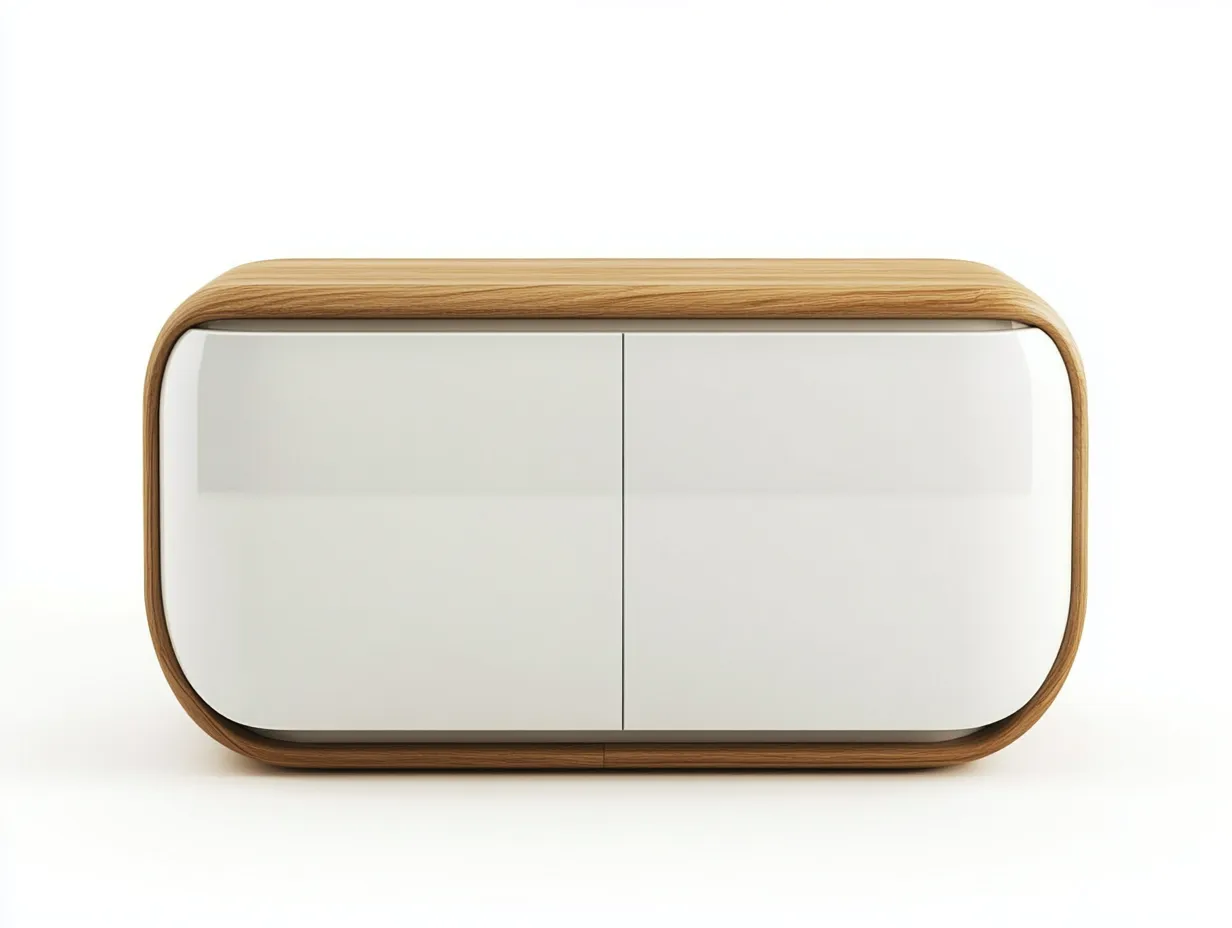Meuble TV en bois clair et blanc 150×40×65 cm – coins arrondis – style contemporain – avec espace de rangement-Habitatoliq