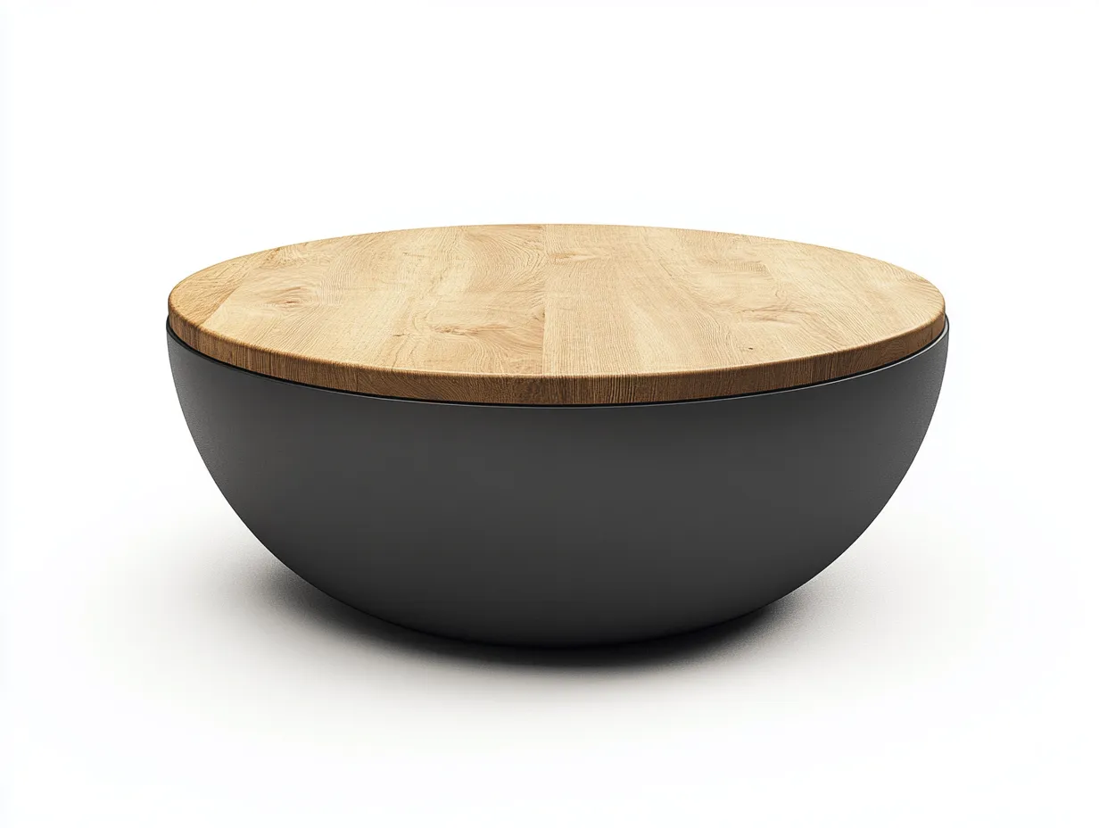 Table basse ronde 90×90×35 cm – chêne clair/gris foncé – design moderne à base hémisphérique-Habitatoliq