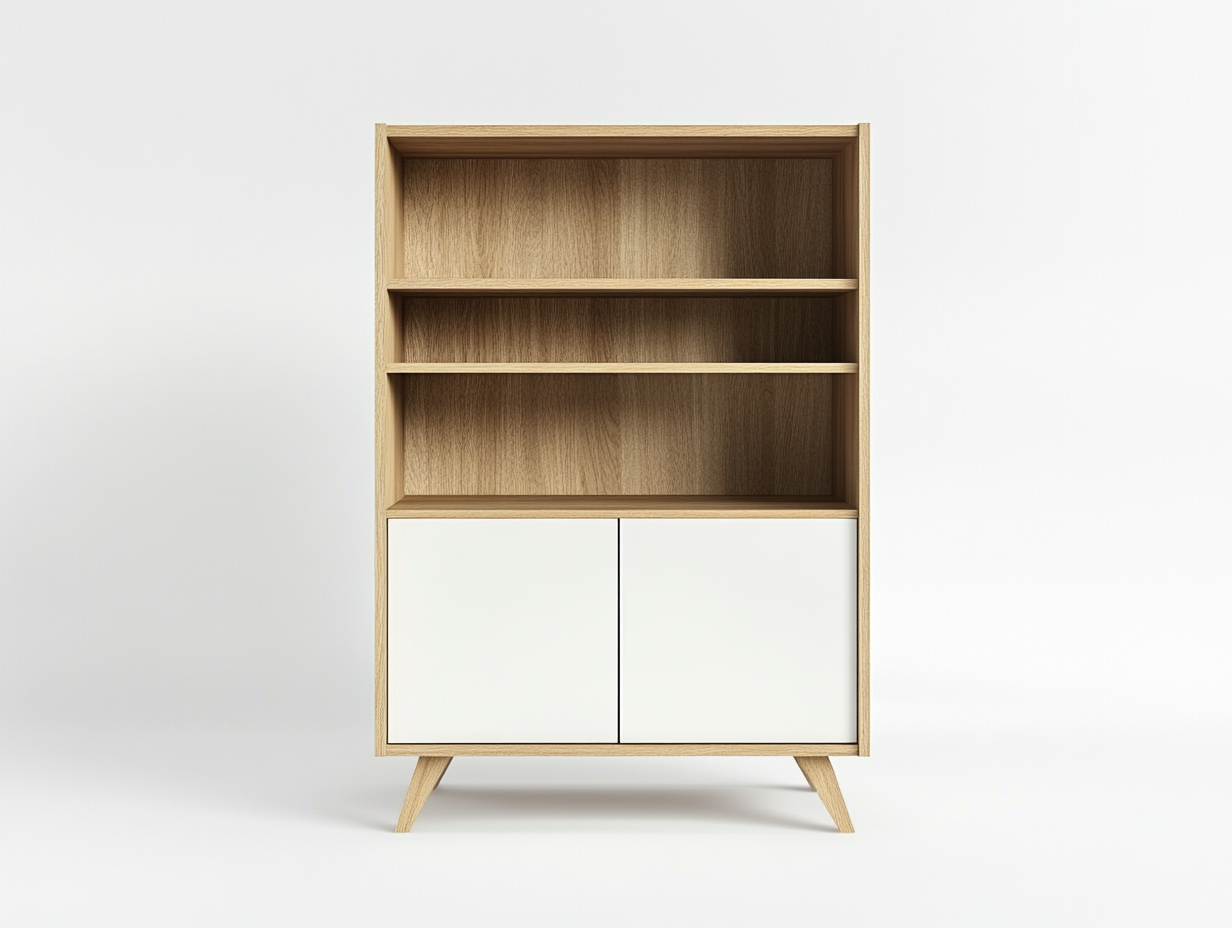 Bibliothèque en bois 110×35×160 cm – chêne clair et blanc – style scandinave avec espace de rangement-Habitatoliq