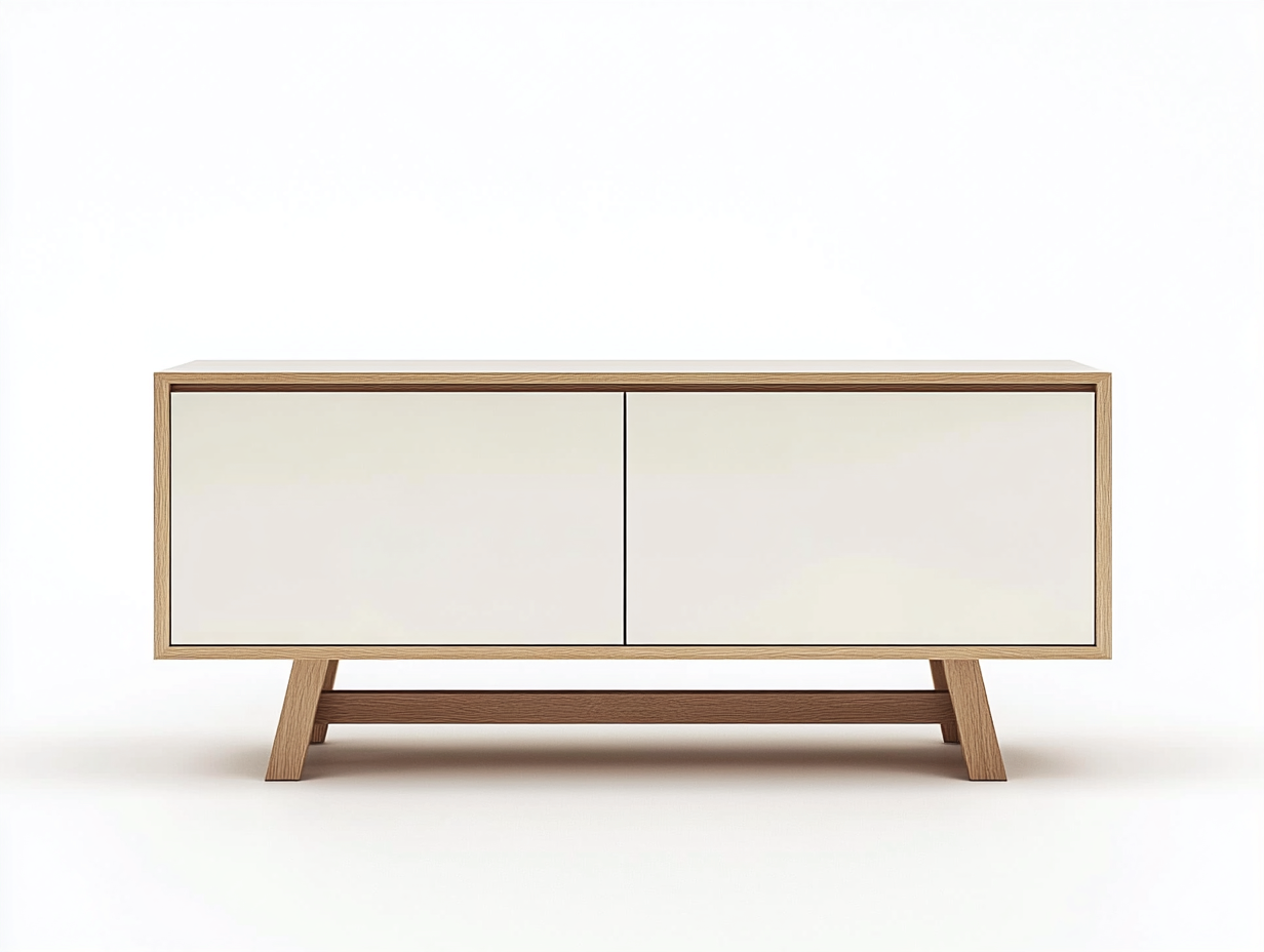 Meuble TV bois chêne clair et blanc 160×40×65 cm – pieds inclinés – design scandinave avec espace de rangement-Habitatoliq