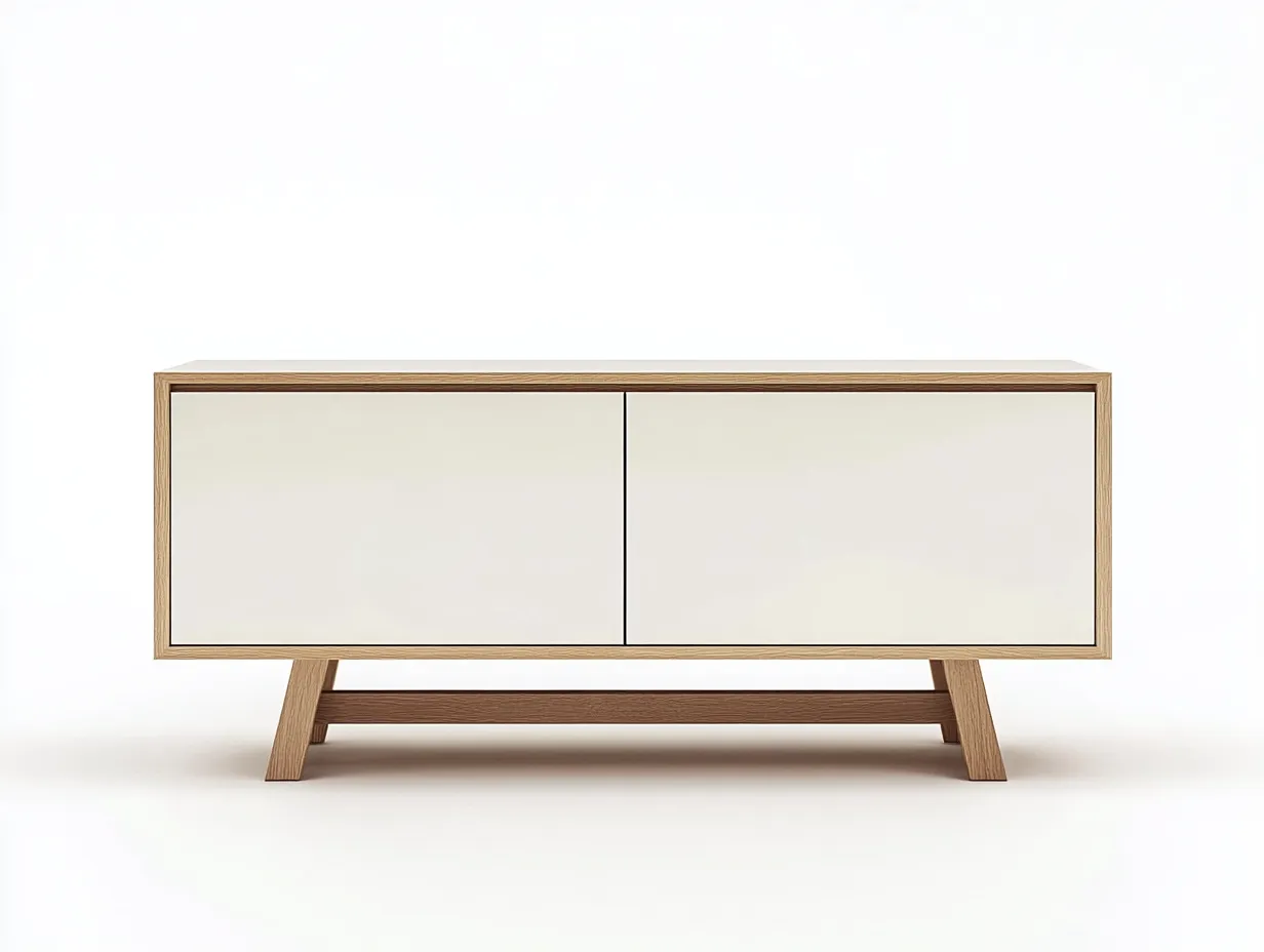 Meuble TV bois chêne clair et blanc 160×40×65 cm – pieds inclinés – design scandinave avec espace de rangement-Habitatoliq