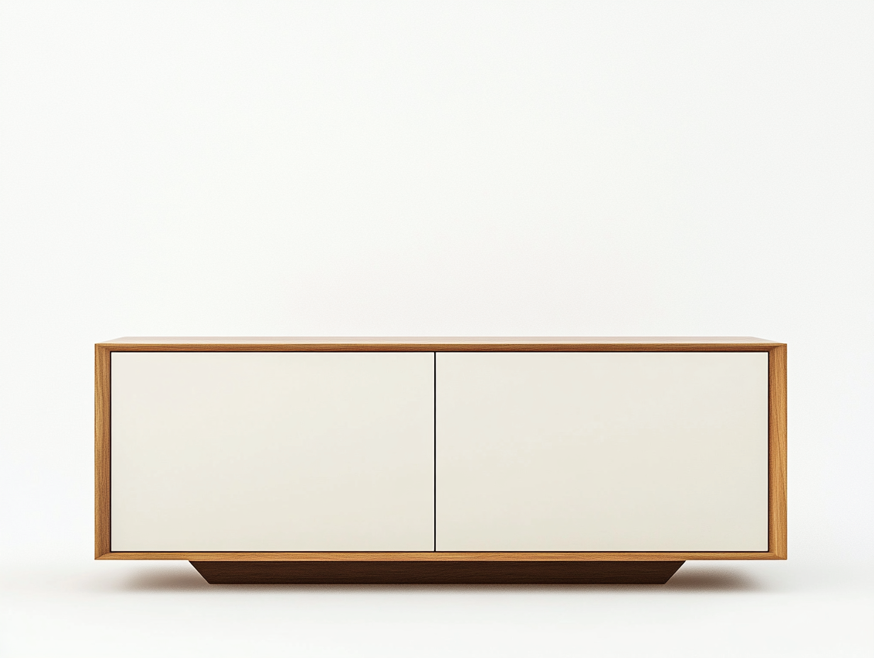 Meuble TV en bois chêne et blanc 150×40×70 cm – façades blanches – base en bois naturel – avec espace de rangement-Habitatoliq