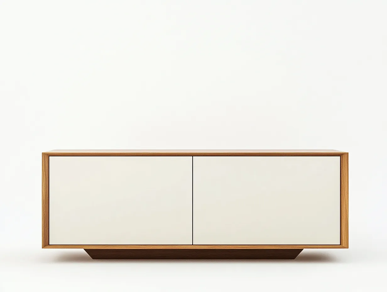 Meuble TV en bois chêne et blanc 150×40×70 cm – façades blanches – base en bois naturel – avec espace de rangement-Habitatoliq