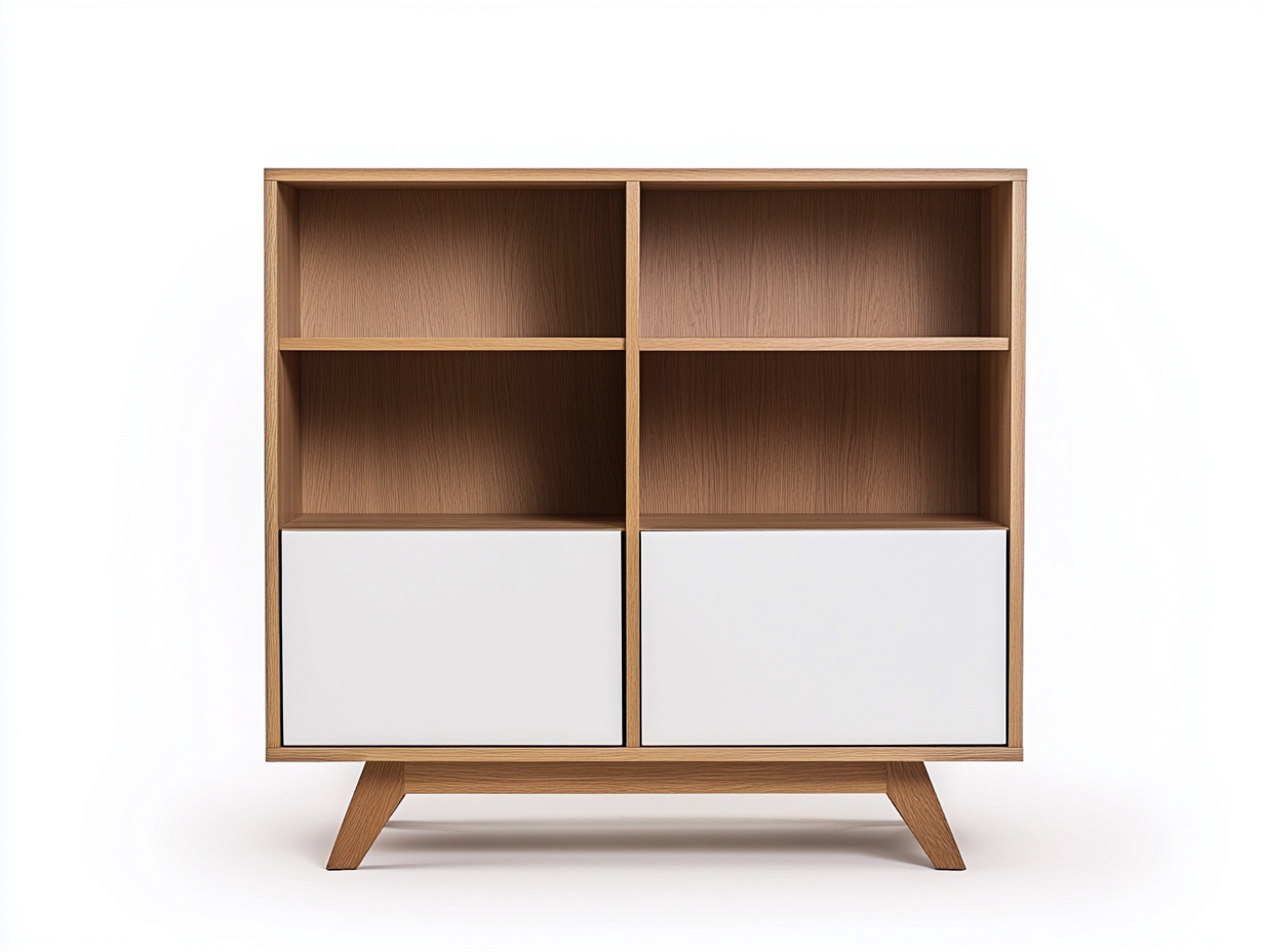 Bibliothèque en bois 120×35×130 cm – chêne clair/blanc – style scandinave avec espace de rangement-Habitatoliq