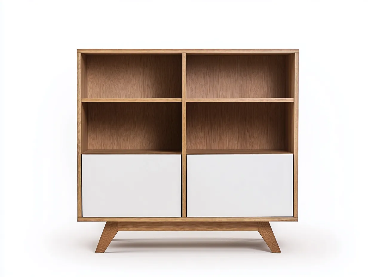 Bibliothèque en bois 120×35×130 cm – chêne clair/blanc – style scandinave avec espace de rangement-Habitatoliq