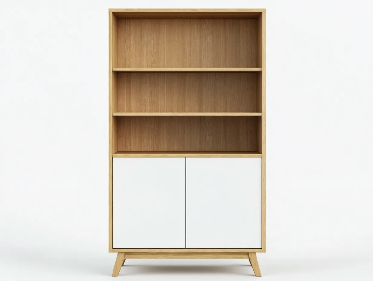 Bibliothèque en bois 110×35×175 cm – chêne clair et blanc – style scandinave avec espace de rangement-Habitatoliq