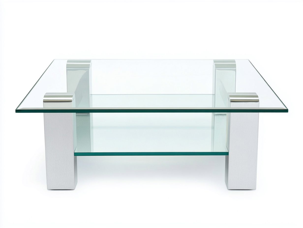 Table basse carrée 100×100×42 cm – verre transparent avec tablette inférieure – pieds en métal argenté – style moderne épuré-Habitatoliq