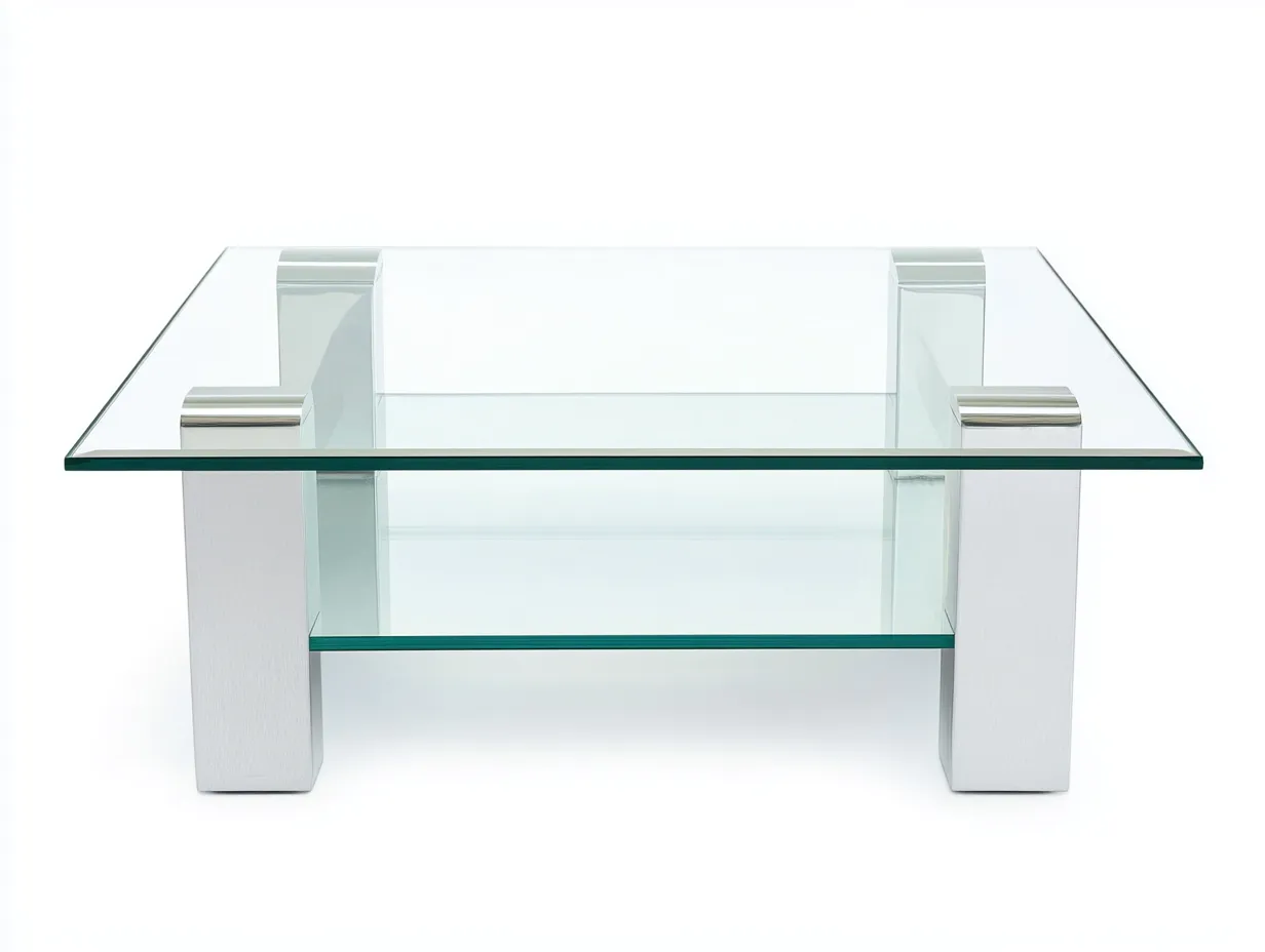 Table basse carrée 100×100×42 cm – verre transparent avec tablette inférieure – pieds en métal argenté – style moderne épuré-Habitatoliq