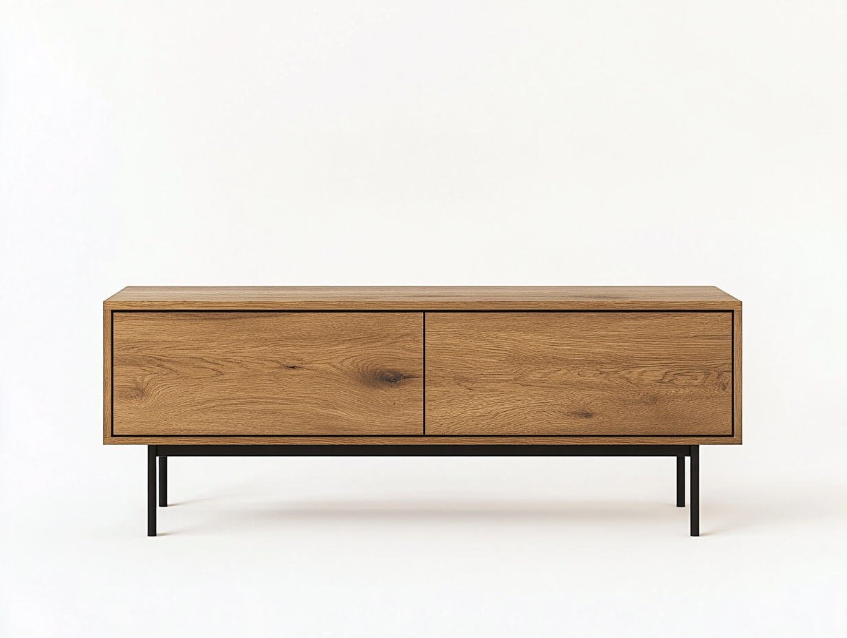 Meuble TV en bois chêne 160×40×55 cm – finition naturelle – pieds métalliques noirs – avec espace de rangement-Habitatoliq