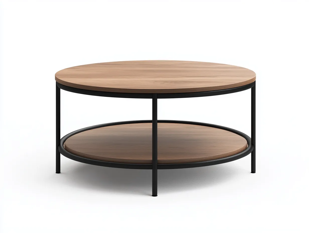 Table basse ronde bois et métal 90x90x45 cm – bois clair et noir – avec étagère inférieure-Habitatoliq