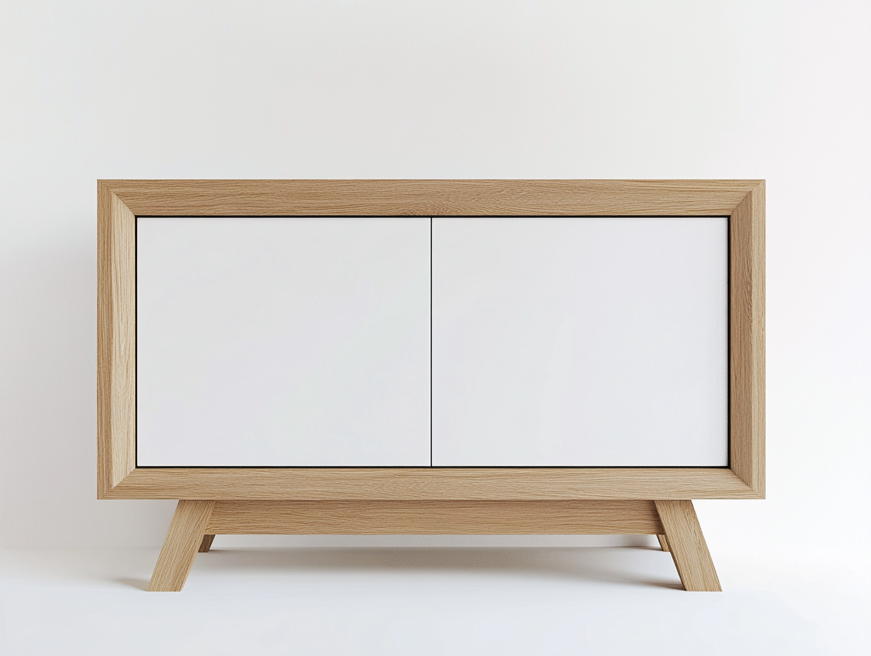 Meuble TV en bois chêne clair et blanc 140×40×80 cm – piètement incliné – style nordique – avec espace de rangement-Habitatoliq