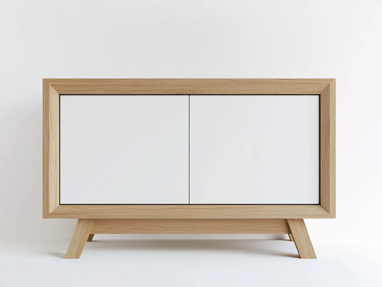 Meuble TV en bois chêne clair et blanc 140×40×80 cm – piètement incliné – style nordique – avec espace de rangement-Habitatoliq