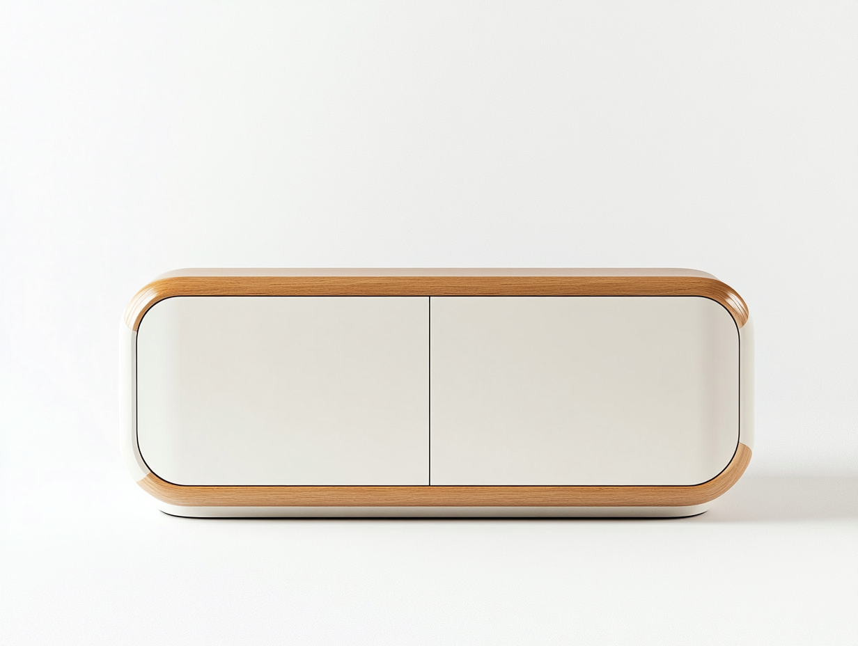 Meuble TV en bois clair et blanc 160×40×65 cm – coins arrondis – design moderne – avec espace de rangement-Habitatoliq