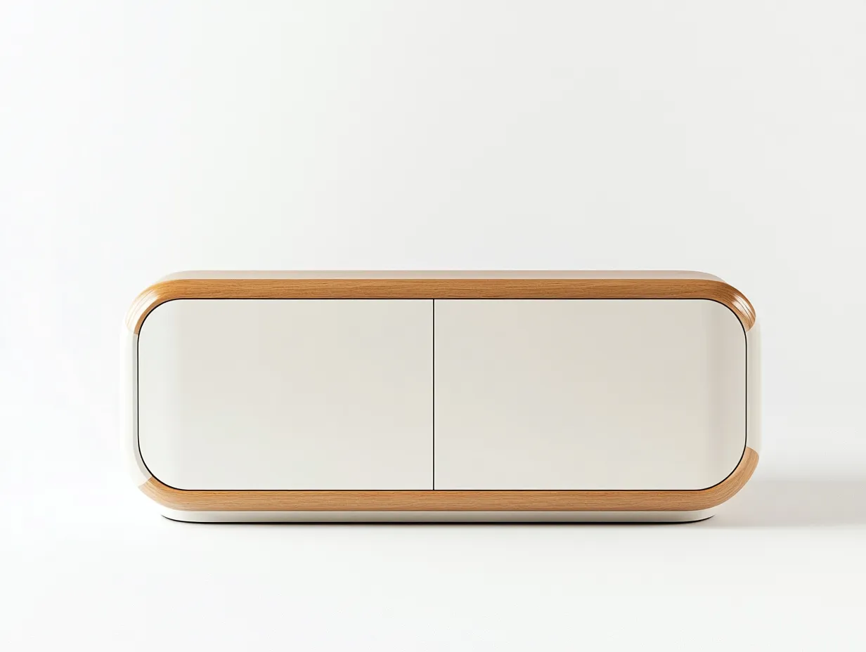 Meuble TV en bois clair et blanc 160×40×65 cm – coins arrondis – design moderne – avec espace de rangement-Habitatoliq