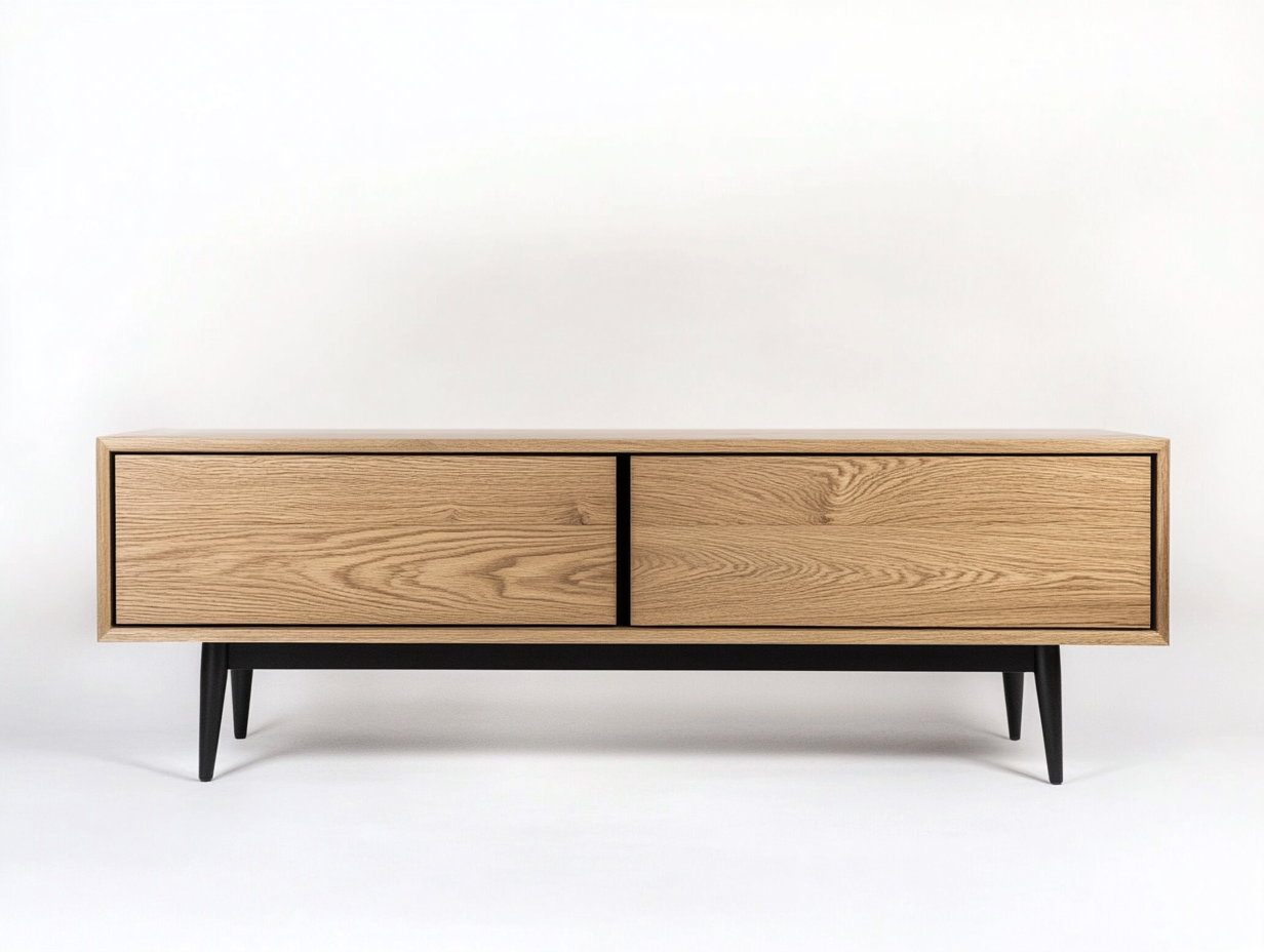 Meuble TV bois chêne 160×40×55 cm – pieds noirs fuselés – design moderne avec espace de rangement-Habitatoliq