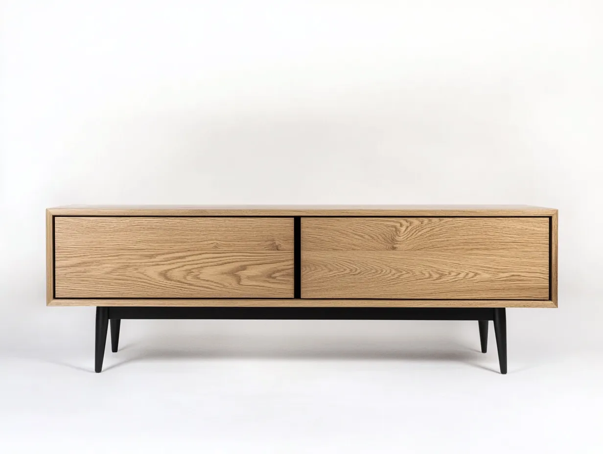 Meuble TV bois chêne 160×40×55 cm – pieds noirs fuselés – design moderne avec espace de rangement-Habitatoliq